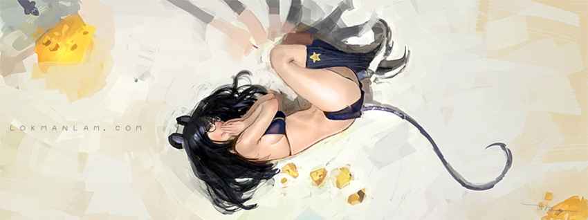 animal_ears artist_name bikini bikini_top_only black_hair cheese commentary_request covering_own_mouth female food glasses lokman_lam long_hair lying mouse_ears original photoshop_(medium) realistic solo swimsuit tail watermark web_address