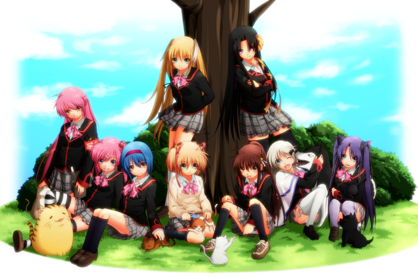 6+girls belka bow canine commentary_request doruji feline futaki_kanata kamikita_komari konaa kuro_(little_busters) kurugaya_yuiko lennon little_busters! multiple_girls natsume_rin nishizono_mio noumi_kudryavka pink_bow saigusa_haruka sasasegawa_sasami siblings sisters strelka tokido_saya tree twins