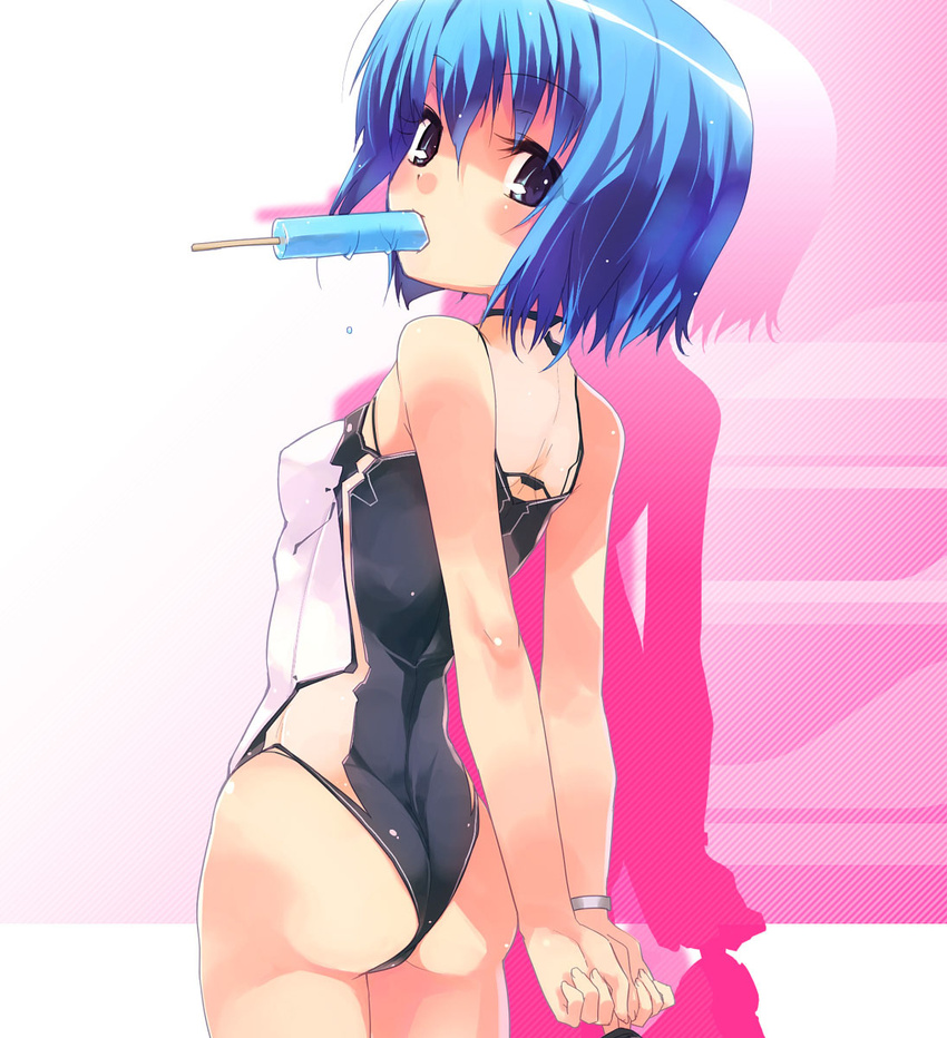 arms_behind_back ass bad_link blue_eyes blue_hair casual_one-piece_swimsuit cropped dlsite.com duplicate elle_sweet female food food_in_mouth highres looking_back mouth_hold one-piece_swimsuit photoshop_(medium) pink_background popsicle refeia short_hair solo swimsuit