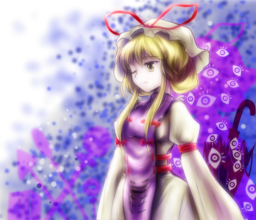 blonde_hair bow commentary_request female hairbow hat hat_ribbon highres long_sleeves one_eye_closed ribbon road_sign rpg-exen sign solo touhou umbrella yakumo_yukari yellow_eyes