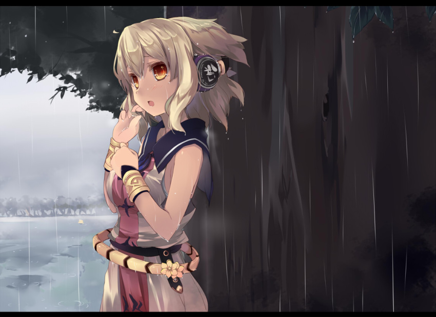 belt blonde_hair blue_sailor_collar blush bracelet cowboy_shot female from_side headphones jewelry open_mouth orange_eyes outdoors pyonta rain sailor_collar shin_(new) shirt sleeveless sleeveless_shirt solo touhou toyosatomimi_no_miko tree wet