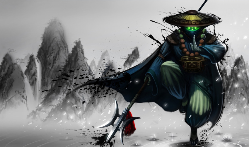 1boy ajirogasa beads black_theme cape fangtian_ji flower glowing glowing_eyes green_eyes hat ink jax_(league_of_legends) league_of_legends lotus male_focus official_art paint.net_(medium) polearm prayer_beads solo standing standing_on_one_leg straw_hat water weapon