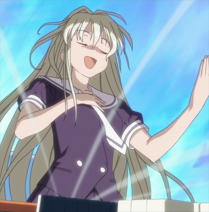 anime_screenshot blonde_hair choe_myeong_hwa closed_eyes female hand_on_own_chest highres light long_hair mahjong mahjong_tile non-web_source open_mouth photoshop_(medium) saki_(manga) school_uniform solo