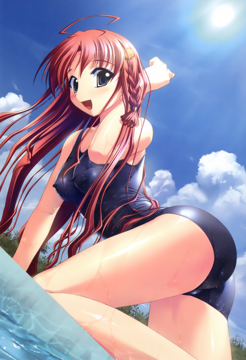 :d absurdres ahoge asanagi_mio asanagi_no_aquanauts breasts cloud covered_nipples day dutch_angle female highres looking_at_viewer medium_breasts one-piece_swimsuit open_mouth red_hair school_swimsuit sky smile sun swimsuit yamino_kenji