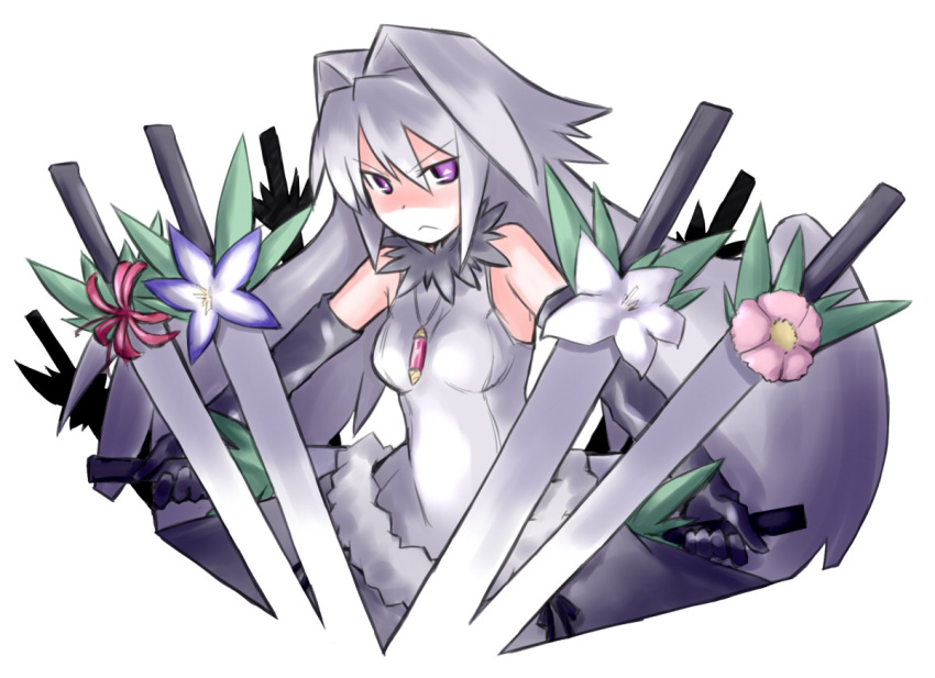 bare_shoulders breasts commentary_request dual_wielding elbow_gloves engi_threepiece female flower frown gloves grey_hair holding jewelry kugelschreiber long_hair medium_breasts necklace purple_eyes solo sword symbol-shaped_pupils weapon yumekui_merry