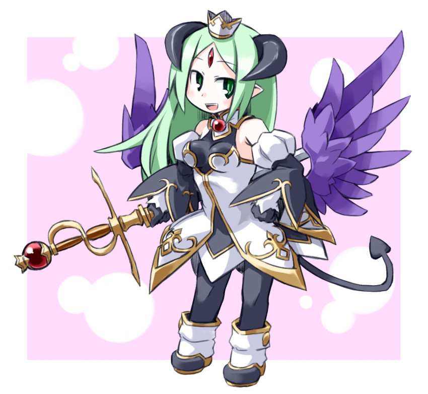 alfine commentary_request female green_eyes green_hair horns kugelschreiber long_hair open_mouth pantyhose purple_wings shinrabanshou smile solo tail wings