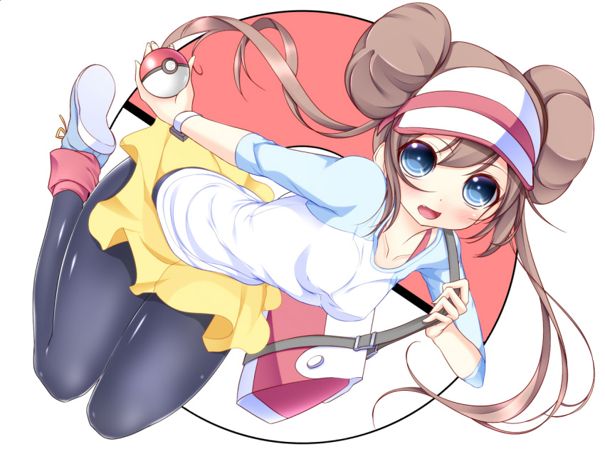 bag blue_eyes blush brown_hair colorized commentary_request double_bun doughnut_hair_bun female hair_bun holding holding_poke_ball long_hair noumin pantyhose poke_ball poke_ball_(basic) pokemon pokemon_bw2 raglan_sleeves rosa_(pokemon) skirt solo toron_(mino106) twintails visor_cap white_background