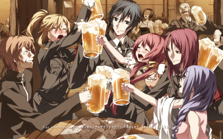 5girls 6+boys beatrice_waltrud_von_kircheisen beer_mug cup dies_irae drunk eleonore_von_wittenburg g_yuusuke german_text highres holding holding_cup lotus_reichhart military military_uniform mug multiple_boys multiple_girls ranguage riza_brenner rusalka_schwagerin shinza_bansho_series toasting_(gesture) uniform valeria_trifa