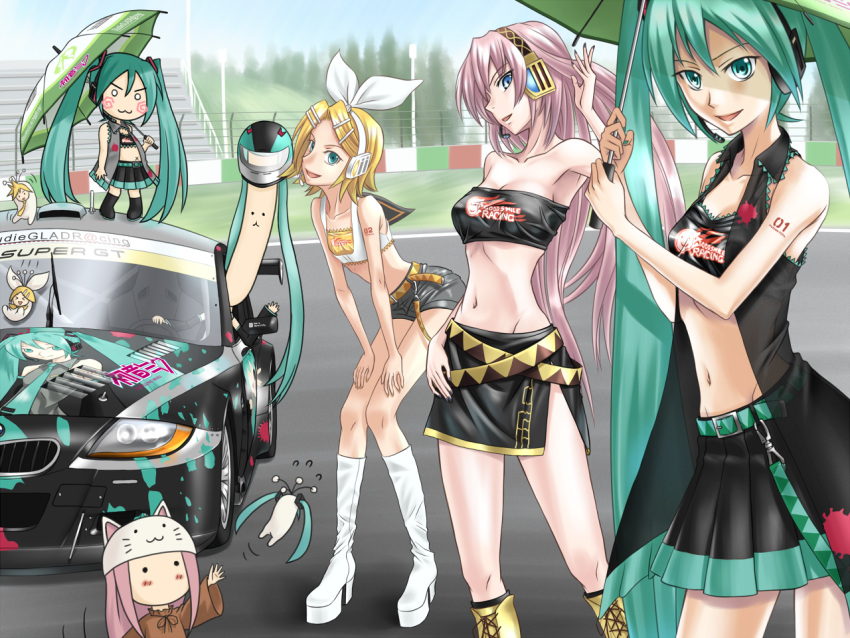 >_< ._. 5girls :3 :d adapted_costume animal_ears animal_hat aqua_eyes aqua_hair bandeau bare_shoulders belt blue_eyes blush bmw bmw_z4 boots breasts car cat_ears cat_hat chibi cleavage closed_eyes collarbone commentary_request crop_top day flat_chest goodsmile_company goodsmile_racing hachune_miku hair_ornament hair_ribbon hairclip hat hatsune_miku headphones headset high_heel_boots high_heels holding holding_umbrella itasha kagamine_len kagamine_rin leaning_forward long_hair megurine_luka megurine_luka_(toeto) midriff motor_vehicle multiple_girls navel number_tattoo o_o open_clothes open_mouth outdoors pink_hair pylori_kin_no_uta_(vocaloid) race_queen race_vehicle racecar racing_miku racing_miku_(2009) ribbon shoes short_hair short_shorts shorts shoulder_tattoo side_slit skinny skirt smile sports_car stomach strapless super_gt tank_top tattoo thigh_boots thighhighs tk28 toeto_(vocaloid) tube_top twintails umbrella v-shaped_eyebrows very_long_hair vest vocaloid xd