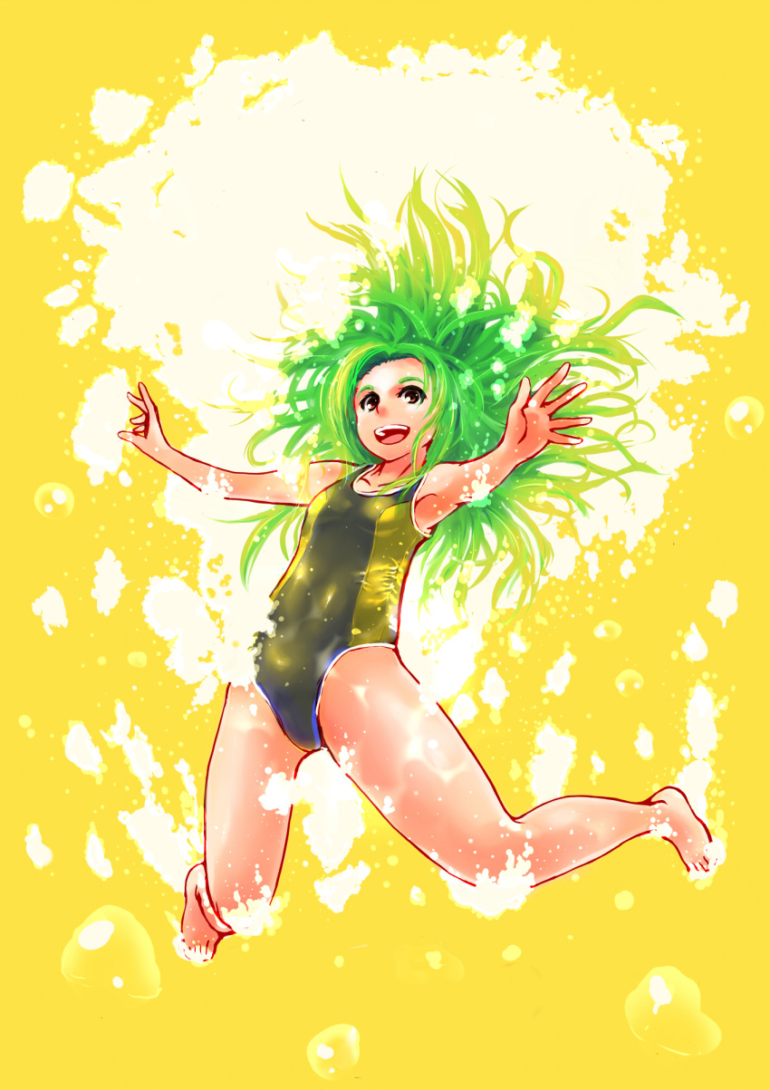 air_bubble bad_id bad_pixiv_id bare_legs barefoot bubble butaneko c.c._lemon c.c._lemon_(character) female green_hair highres jumping long_hair one-piece_swimsuit open_mouth smile solo swimming swimsuit underwater