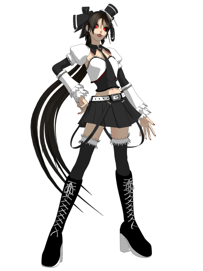 3d android belt black_hair boots bow buckle ca_(maeda_koutarou) calne_ca_(deino) commentary_request cross-laced_footwear crustacean deino_(deino3330) female full_body hair_ribbon hairbow hand_on_own_hip hat highres isopod jewelry lace-up_boots long_hair looking_at_viewer midriff nail_polish nato-kun navel necktie open_mouth original red_eyes ribbon simple_background skirt solo suspenders thighhighs very_long_hair vocaloid white_background