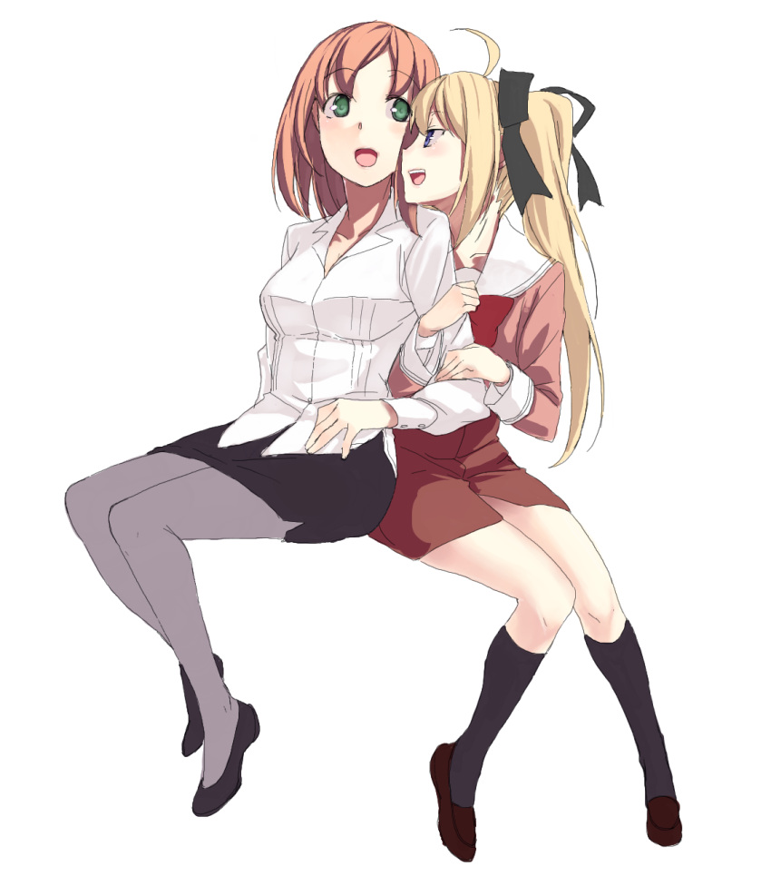 2girls blonde_hair blue_eyes blush brown_hair commentary_request green_eyes highres houraisen_runa kirisato_itsuki multiple_girls pantyhose pencil_skirt school_uniform serafuku skirt sono_hanabira_ni_kuchizuke_wo st._michael's_school_uniform suminoe_takako twintails yuri