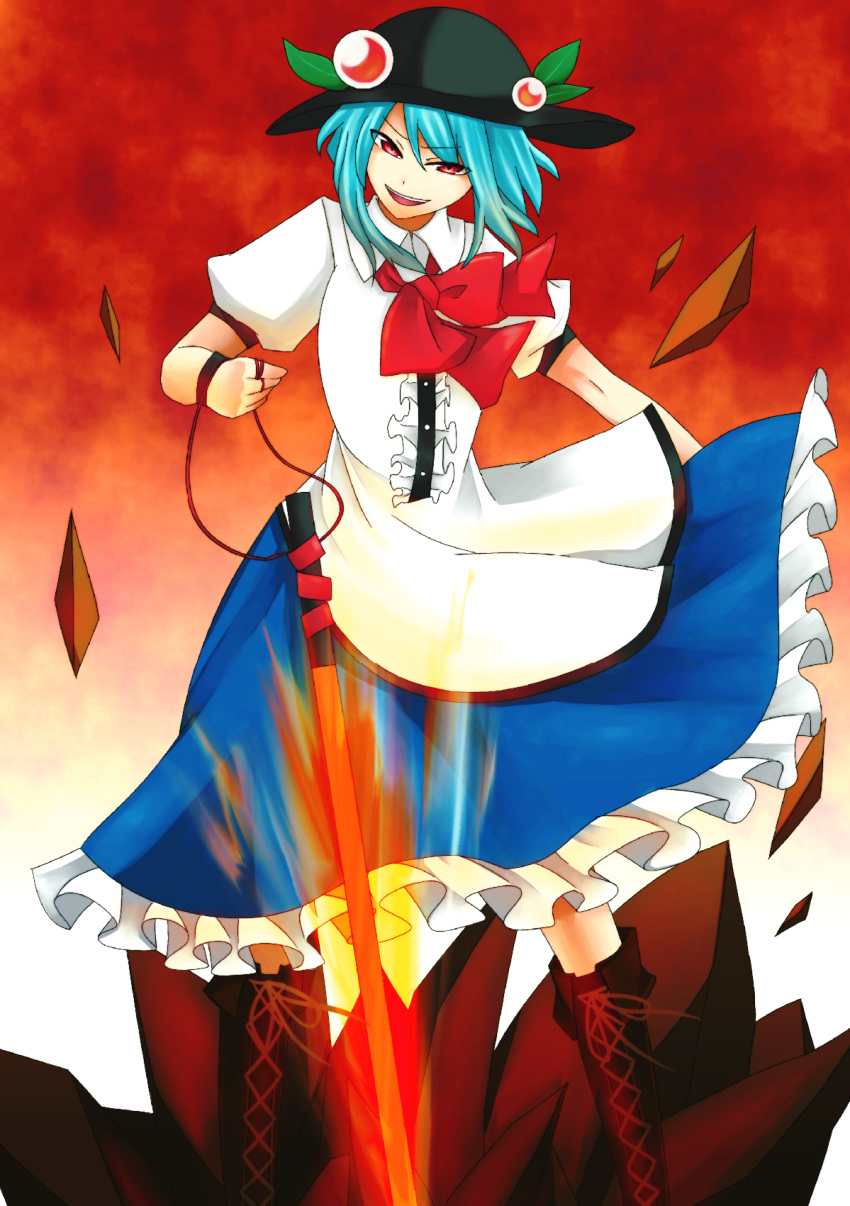 alternate_hair_length alternate_hairstyle blue_hair commentary_request cross-laced_footwear female food frills fruit hat highres hinanawi_tenshi hyou_haku leaf long_skirt open_mouth peach red_eyes short_hair short_sleeves skirt smirk smug solo sword sword_of_hisou touhou weapon