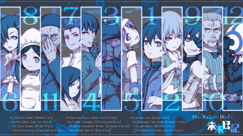 amano_yukiteru eyepatch gasai_yuno hirasaka_yomotsu hiyama_takao houjou_reisuke ikusaba_marco jhon_balks kasugano_tsubaki kurusu_keigo mikami_ai mirai_nikki tagme tsukishima_karyuudo ueshita_kamado uryuu_minene yandere