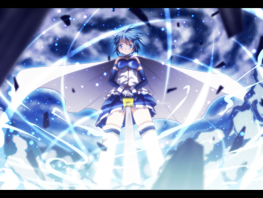 blue_eyes blue_hair cape commentary_request debris elbow_gloves female gloves glowing letterboxed magical_girl mahou_shoujo_madoka_magica mahou_shoujo_madoka_magica_(anime) miki_sayaka miki_sayaka_(magical_girl) planted planted_sword skirt solo sword thighhighs weapon xxxx