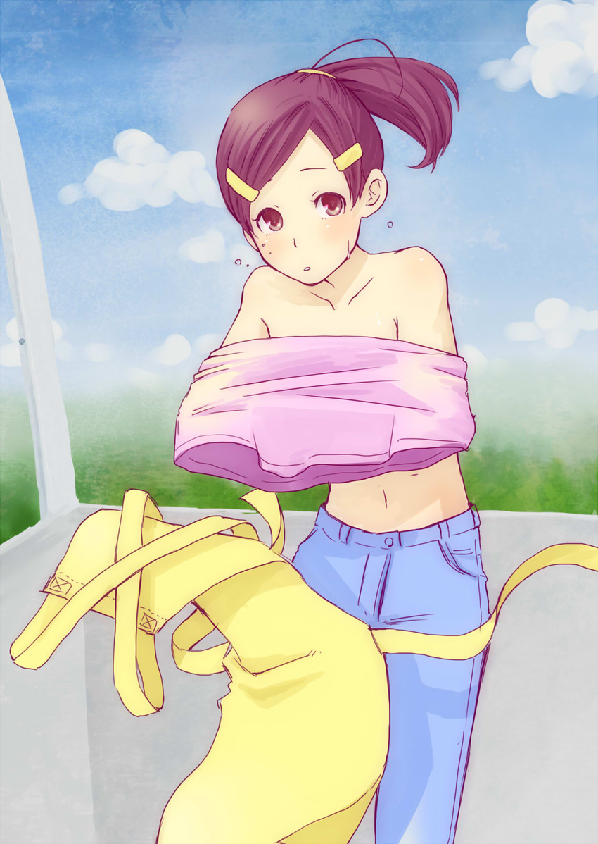 1boy apron commentary_request cowboy_shot hair_ornament highres june_(pokemon) male_focus nursery_aide_(pokemon) obi_(lyric) otoko_no_ko pokemon pokemon_bw2 ponytail purple_eyes purple_hair solo sweat undressing