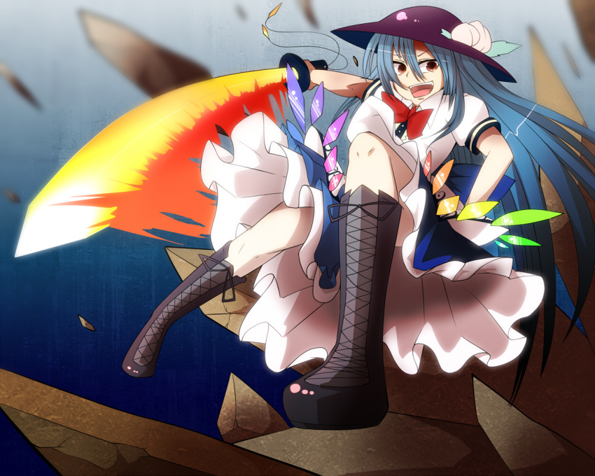 blue_hair blush brown_eyes commentary_request cross-laced_footwear female food fruit geokinesis hat hinanawi_tenshi leaf long_hair open_mouth peach rock short_sleeves solo sword sword_of_hisou tenkomori_(bug_kura) touhou very_long_hair weapon