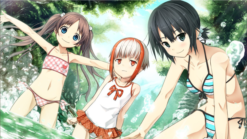 3girls arishima_alice bad_id bad_pixiv_id bikini black_hair blue_bikini blue_eyes brown_hair casual_one-piece_swimsuit cloud cloudy_sky cura day flat_chest forest game_cg green_eyes hair_bobbles hair_ornament harukaru heart looking_at_viewer monobeno multicolored_hair multiple_girls nature one-piece_swimsuit outdoors outstretched_arms plaid plaid_bikini ponytail red_eyes red_hair ribbon rock sawai_natsuha side-tie_bikini_bottom sky spread_arms striped_bikini striped_clothes sumi_(monobeno) sunlight swimsuit swimsuit_skirt twintails two-tone_hair wading water white_hair white_one-piece_swimsuit