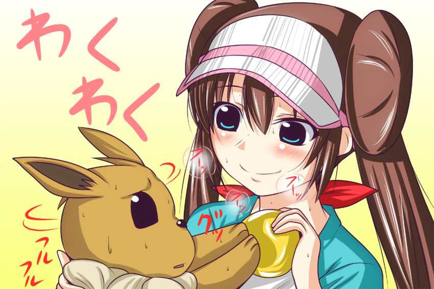 aqua_eyes brown_hair commentary_request double_bun eevee female hair_bun hair_ribbon heavy_breathing long_hair nishi_koutarou nugget_(pokemon) orb painttool_sai_(medium) pokemon pokemon_(creature) pokemon_bw2 raglan_sleeves ribbon rosa_(pokemon) smile twintails visor_cap you_gonna_get_raped