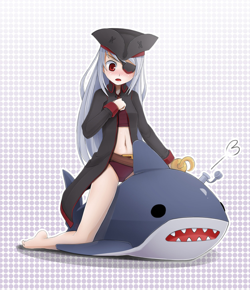 bad_link bare_legs barefoot bikini black_hat blush eyepatch female grey_hair hat highres hook_hand infinite_stratos inflatable_shark inflatable_toy kneeling laura_bodewig long_coat long_hair navel photoshop_(medium) pirate pirate_hat polka_dot polka_dot_background red_eyes riding shark solo sunimu swimsuit tricorne