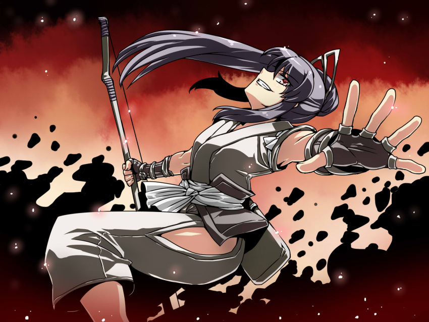 1boy androgynous blush bow_(weapon) commentary_request drifters fingerless_gloves gloves grin hakama hakama_skirt highres japanese_clothes long_hair male_focus nasu_no_yoichi red_eyes skirt slit_pupils smile solo tukiwani weapon