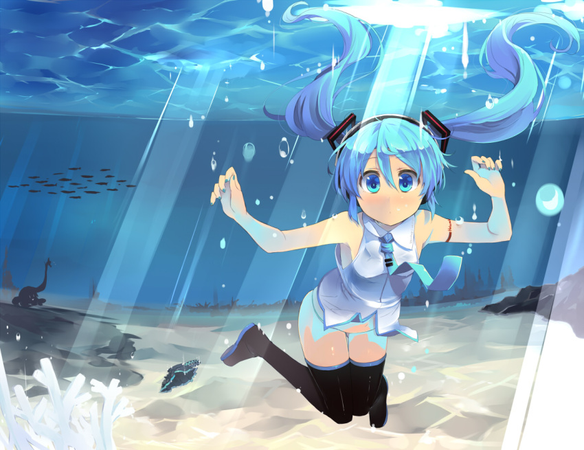 blue_eyes blue_hair boots female fish freediving hatsune_miku long_hair looking_at_viewer megurine_luka nail_polish necktie panties shin_(new) skirt solo swimming takoluka thigh_boots thighhighs twintails underwater underwear unworn_skirt vocaloid