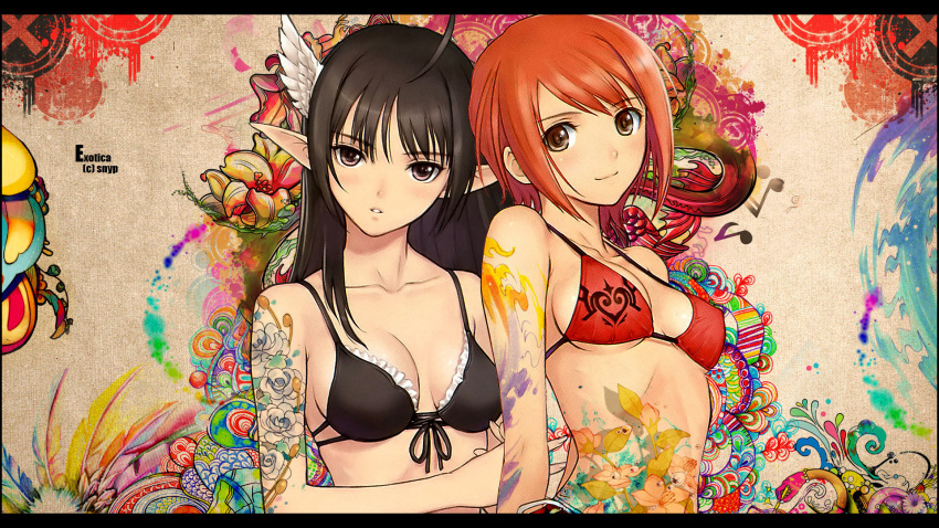 2girls black_hair bra brown_eyes feathers feathers flower highres kanon_seena long_ears long_hair multiple_girls open_mouth pointy_ears red_hair rose seena_kanon sega shining_(series) shining_tears shining_wind short_hair smile snyp tanaka_takayuki tatoo tattoo tony_taka underwear wallpaper wings xecty_ein yellow_eyes