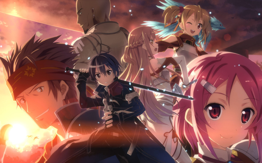 3boys 3girls ;d agil armor asuna_(sao) bare_shoulders black_gloves breastplate brown_hair coat creature detached_sleeves dragon earrings elucidator feathers fingerless_gloves gloves grin hair_ornament hairclip headband highres holding holding_sword holding_weapon jewelry kirito klein_(sao) knights_of_blood_uniform_(sao) lambent_light lisbeth_(sao) looking_back multiple_boys multiple_girls one_eye_closed open_mouth over_shoulder pina_(sao) pink_hair rapier red_eyes short_hair short_twintails silica smile sunset sword sword_art_online sword_over_shoulder thighhighs twintails unsheathed weapon weapon_over_shoulder white_thighhighs yuuki_tatsuya