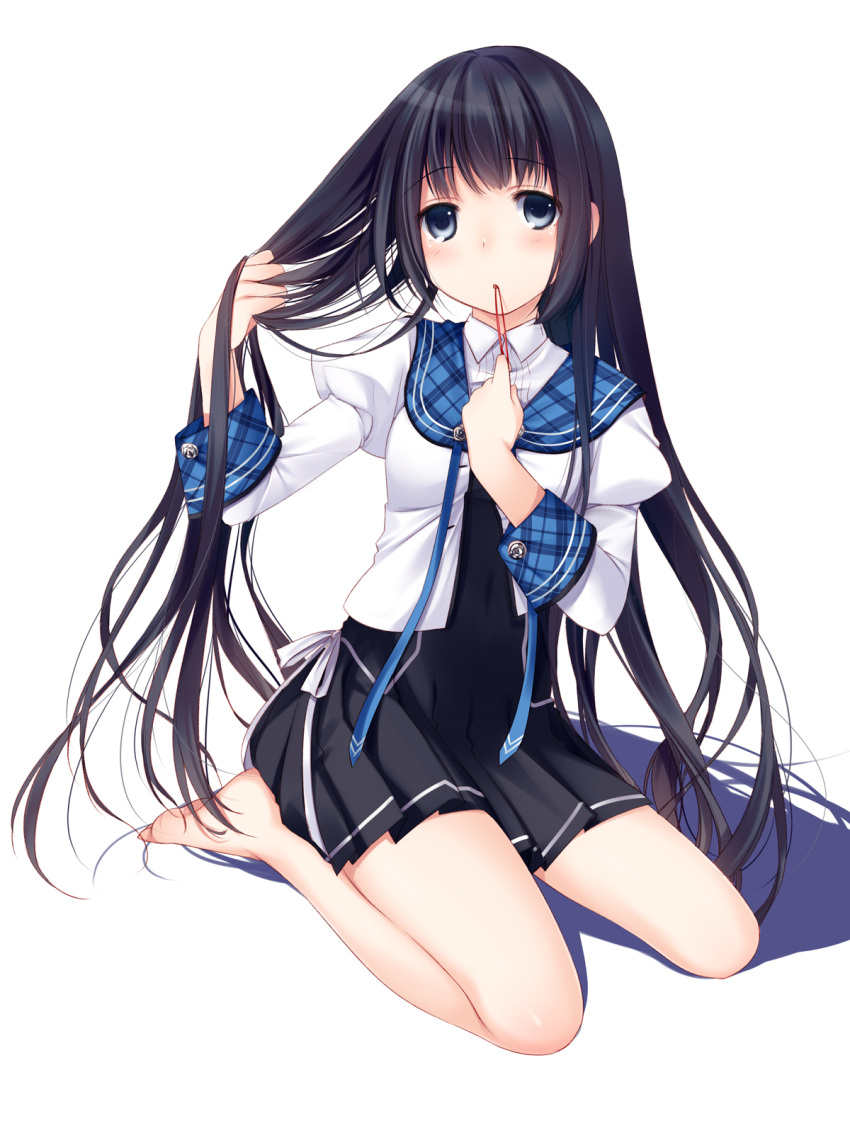 barefoot black_eyes black_hair blush commentary_request female full_body highres itou_nanami long_hair looking_at_viewer miniskirt mouth_hold original photoshop_(medium) pleated_skirt ribbon school_uniform simple_background sitting skirt solo very_long_hair wariza white_background