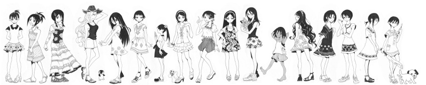 6+girls arms_behind_back arms_up bandage_over_one_eye bandages bare_legs barefoot baseball_bat canine dress_shirt everyone fujiyoshi_harumi fuura_kafuka greyscale hair_ornament hairband hairclip hat highres hitou_nami itoshiki_rin kaga_ai kimura_kaere kitsu_chiri kobushi_abiru komori_kiri long_hair maruuchi_shouko monochrome multiple_girls nekozuki_yuki nezu_miko ookusa_manami oora_kanako otonashi_meru ponytail sandals sayonara_zetsubou_sensei sekiutsu_maria_tarou shirt short_hair shorts sidelocks skirt tank_top tsunetsuki_matoi twintails wide_image