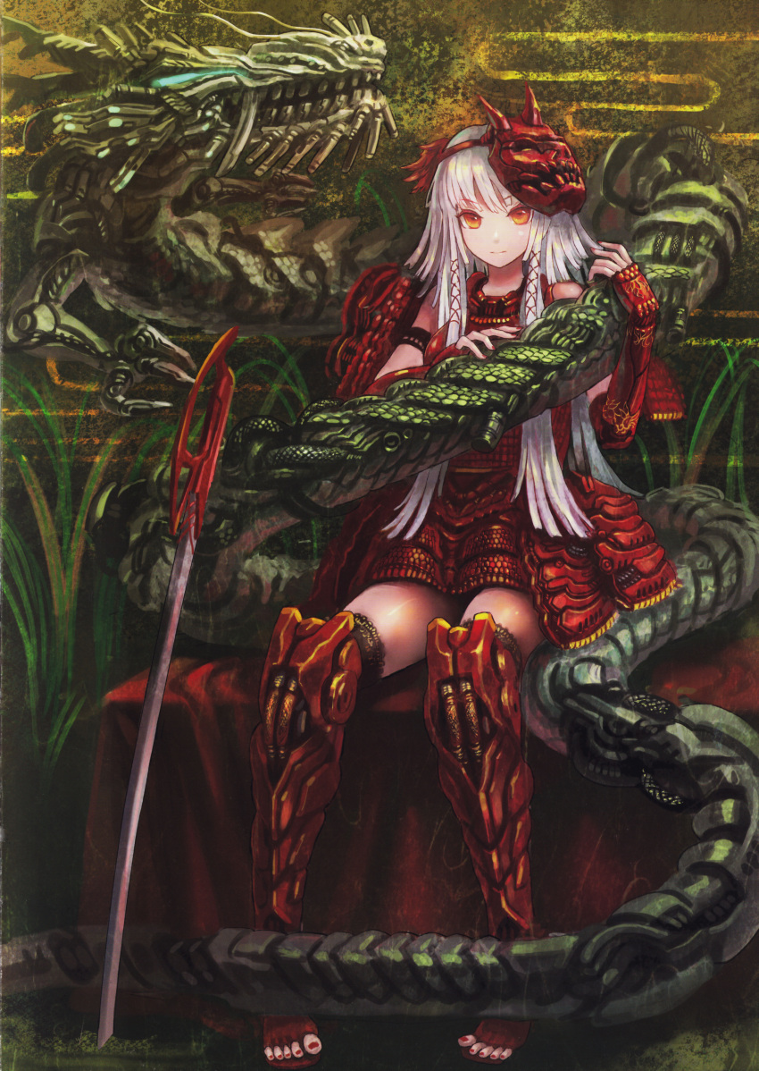 absurdres armband armor blue_eyes denki dragon female greaves highres long_hair looking_at_viewer mask orange_eyes original photoshop_(medium) scan silver_hair sitting solo sword thighhighs weapon