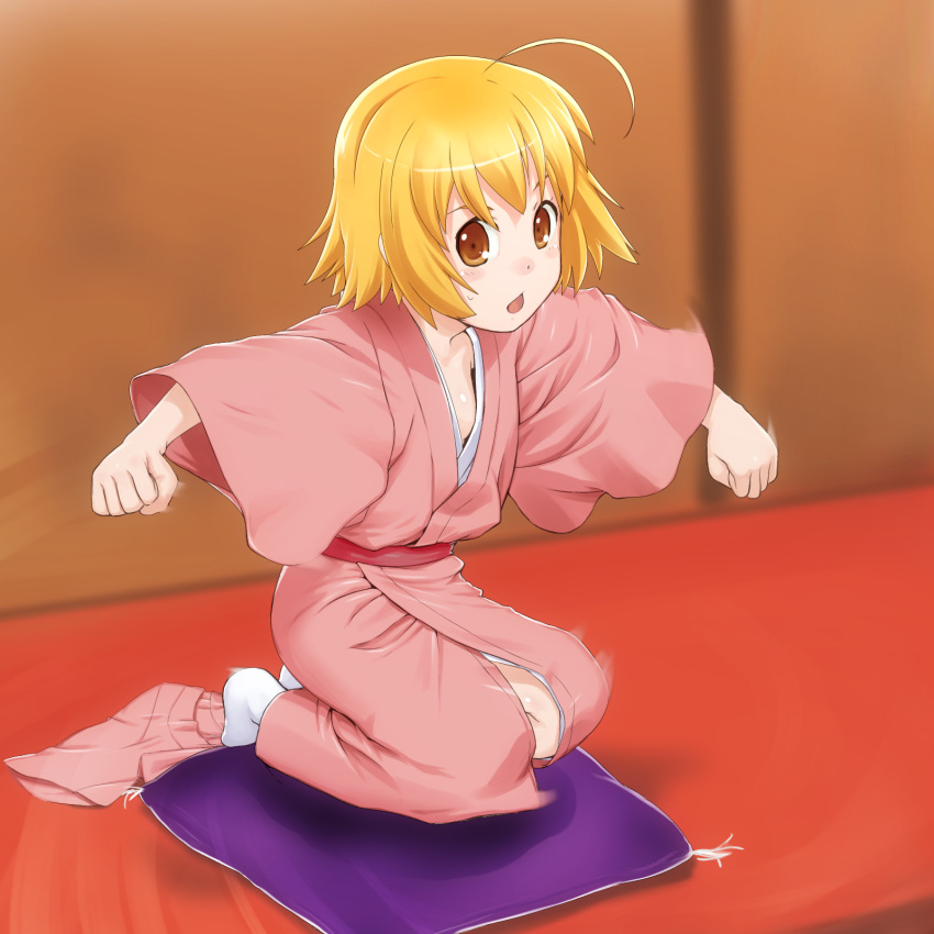 ahoge bad_id bad_pixiv_id blonde_hair blush brown_eyes cushion female haroukitei_kigurumi highres japanese_clothes joshiraku kimono kneeling looking_at_viewer motion_blur open_mouth rakugo short_hair socks sweatdrop tabi takeda_yukimura