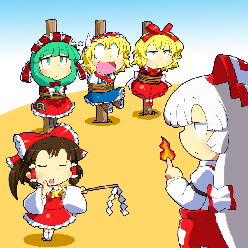 5girls alice_margatroid ascot blonde_hair boots bound bow brown_hair chibi closed_eyes commentary_request detached_sleeves dress expressionless fire frills front_ponytail fujiwara_no_mokou gohei gomi_ichigo green_eyes green_hair hair_ornament hair_ribbon hairbow hakurei_reimu highres kagiyama_hina long_hair long_sleeves medicine_melancholy multiple_girls open_mouth photoshop_(medium) ponytail red_dress ribbon rope shoes short_hair short_sleeves touhou white_hair wide-eyed wide_sleeves