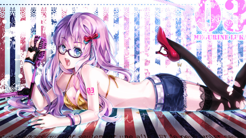 bad_id bad_pixiv_id bespectacled bikini bikini_top_only blue_eyes bow bracelet denim denim_shorts earrings female fingerless_gloves glasses gloves hairbow high_heels jewelry long_hair looking_at_viewer megurine_luka microphone momoko_(momoko14) nail_polish open_mouth pink_hair shoes short_shorts shorts smile solo swimsuit thighhighs torn_clothes vintage_microphone vocaloid