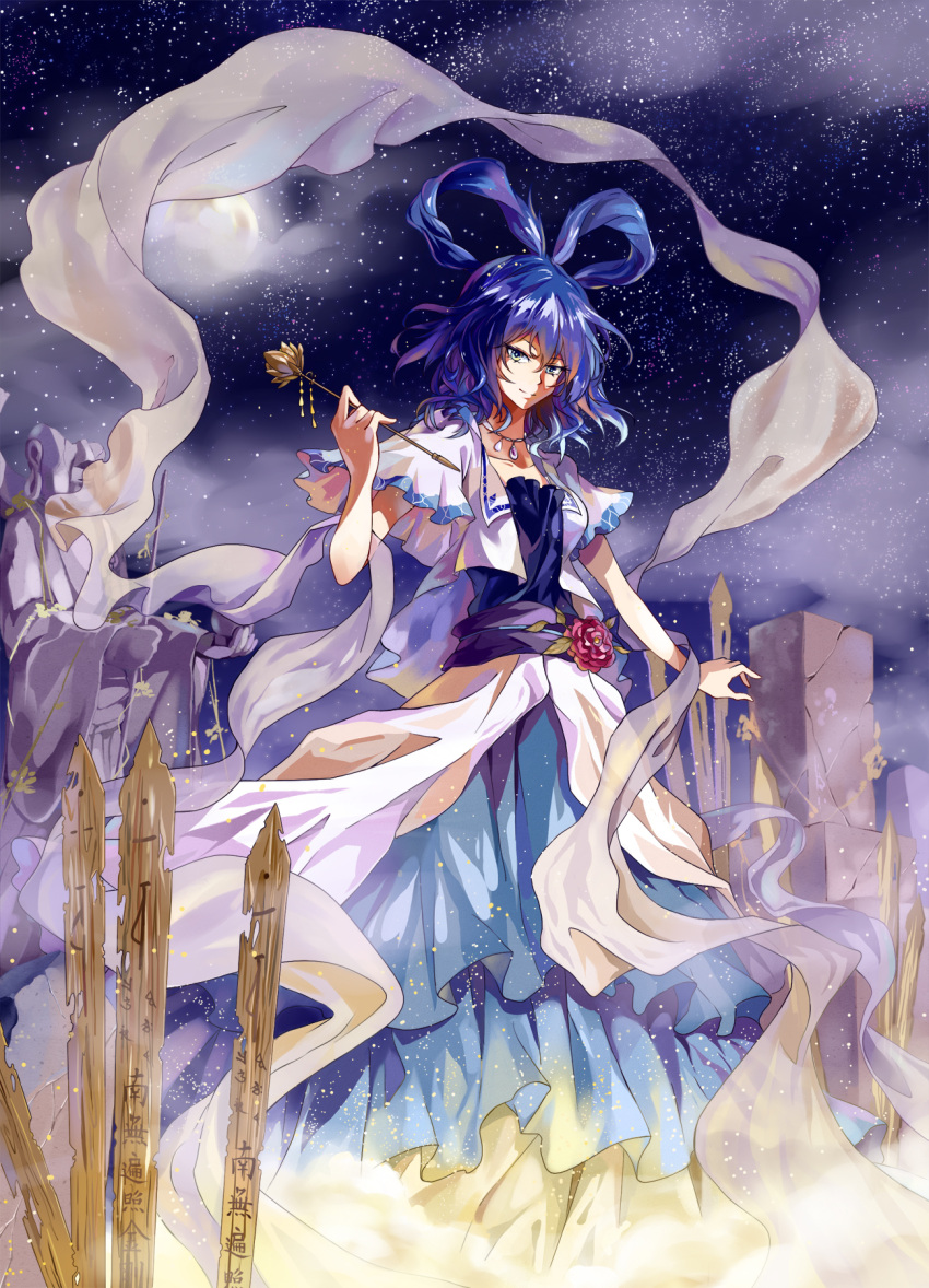 blue_eyes blue_hair commentary_request female flower grave graveyard hair_ornament hair_rings hair_stick highres holding kaku_seiga looking_at_viewer neko_(yanshoujie) night night_sky photoshop_(medium) sky solo sotoba touhou