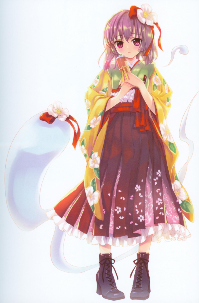 absurdres boots cradle_(circle) female flower ghost hair_ornament hieda_no_akyuu high_heels highres hitodama imageboard_desourced konpaku_youmu_(ghost) kuroya_shinobu non-web_source photoshop_(medium) scan scroll shoes solo touhou