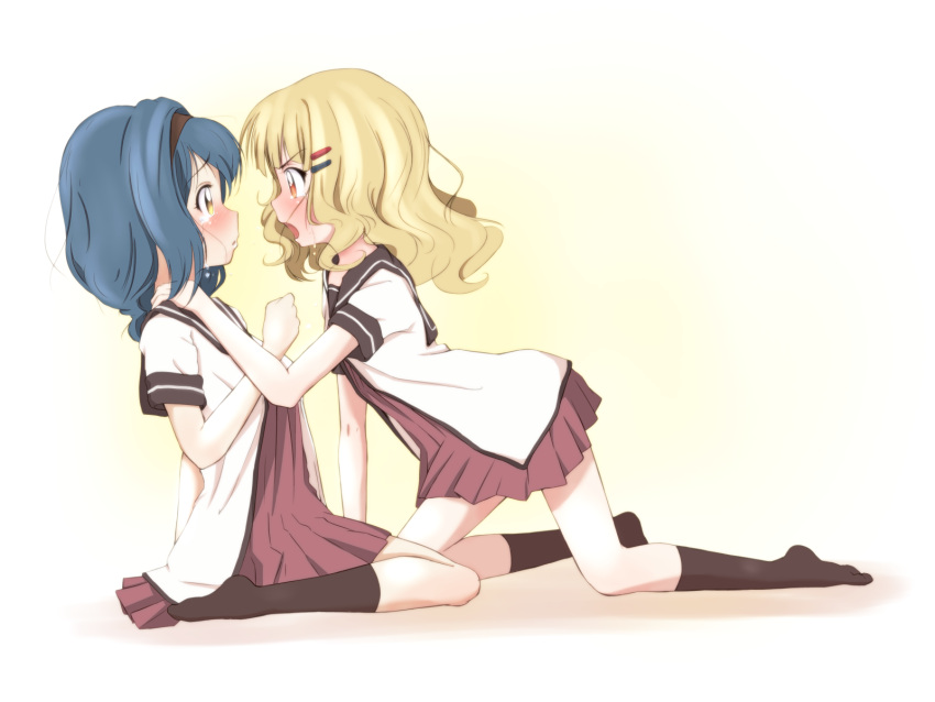 2girls bad_id bad_pixiv_id blue_hair blush brown_eyes crying furutani_himawari hair_ornament hairband hairclip highres mizushima_(p201112) multiple_girls nanamori_school_uniform oomuro_sakurako school_uniform serafuku short_hair tears yuru_yuri