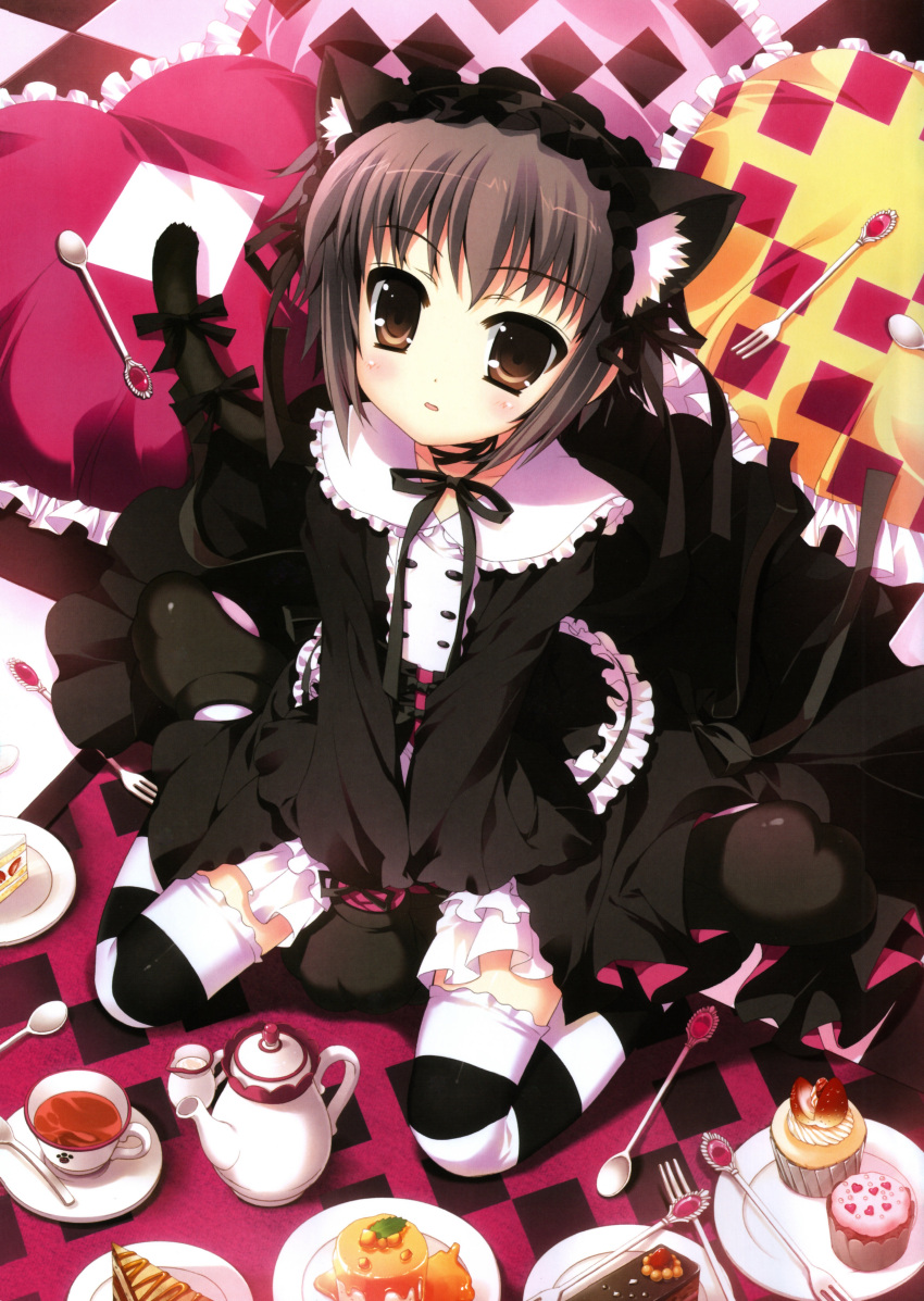 absurdres alternate_costume animal_ears brown_eyes cake cat_ears cat_tail creamer_(vessel) cup cupcake fake_animal_ears fake_tail female food fork frilled_pillow frills fujima_takuya heart highres leaf long_sleeves nagato_yuki open_mouth pie pillow plate pudding purple_hair scan short_hair sitting solo spoon suzumiya_haruhi_no_yuuutsu tail tea teacup teapot thighhighs wide_sleeves