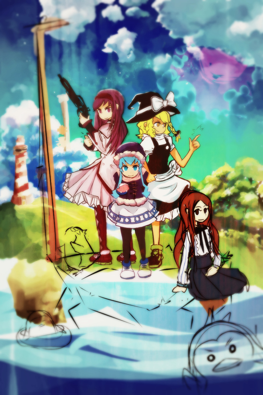 4girls akemi_homura apron argyle_clothes argyle_legwear bad_link bird black_legwear blonde_hair blue_eyes blue_hair crossover drawfag gun hairband hat highres hood ikamusume kirisame_marisa long_hair mahou_shoujo_madoka_magica mahou_shoujo_madoka_magica_(anime) mawaru_penguindrum multiple_crossover multiple_girls pantyhose penguin penguin_3-gou purple_eyes purple_hair red_hair shinryaku!_ikamusume shoes smile snapping_fingers sneakers takakura_himari tentacle_hair touhou weapon winter_clothes witch_hat yellow_eyes