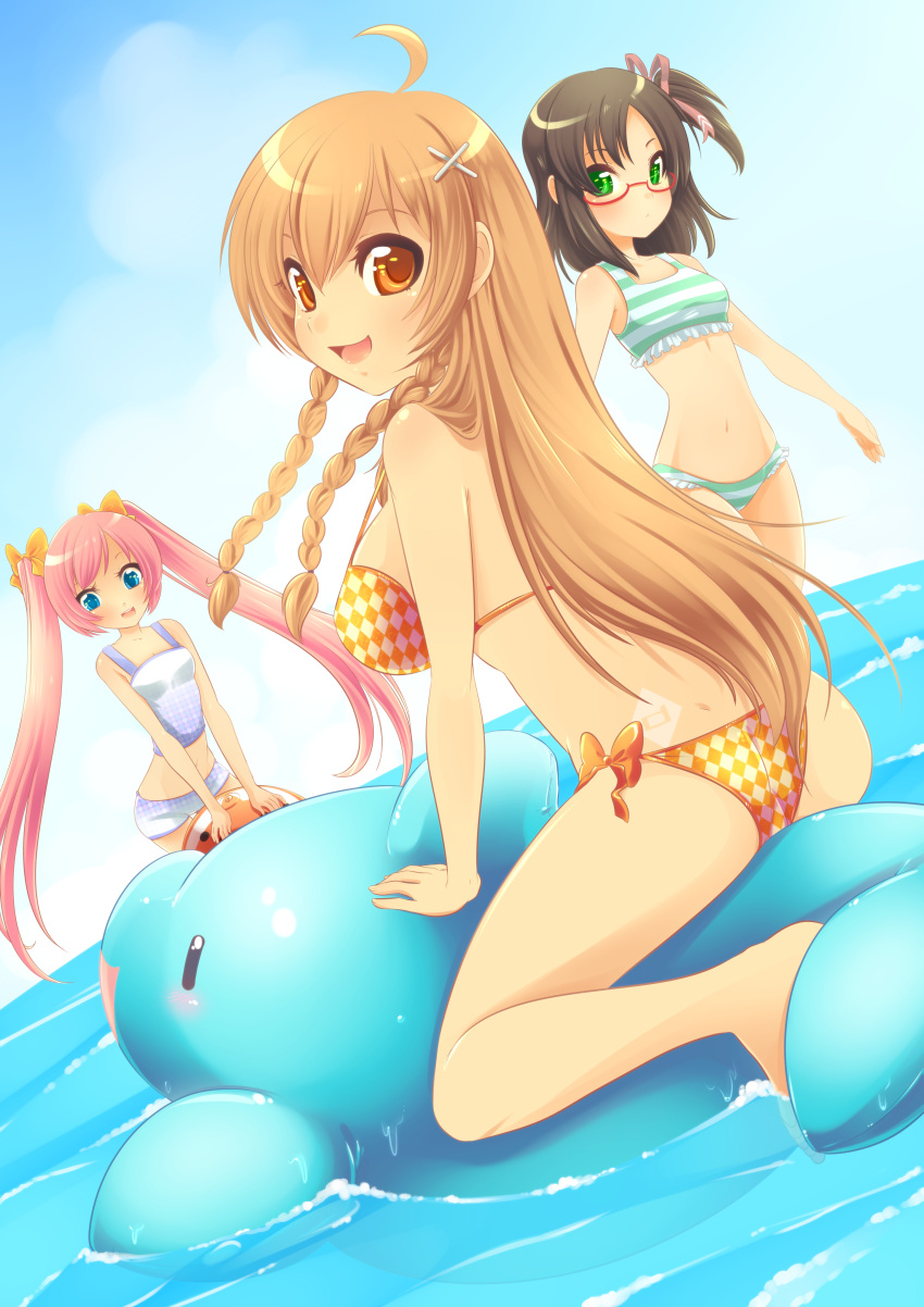 3girls absurdres ass bikini blue_eyes brown_hair commentary_request culture_japan glasses green_eyes highres hoshikawa_kanata long_hair multiple_girls orange_eyes pink_hair short_hair side_ponytail spazzykoneko suenaga_haruka suenaga_mirai swimsuit twintails