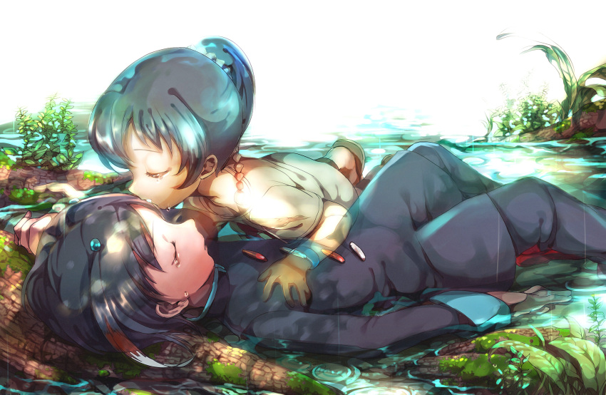 1boy bad_id bad_pixiv_id black_hair brother_and_sister crying female ghost highres inazuma_eleven_(series) inazuma_eleven_go kissing konbu_wakame long_hair lying ponytail short_hair shuu's_sister shuu_(inazuma_eleven) siblings water