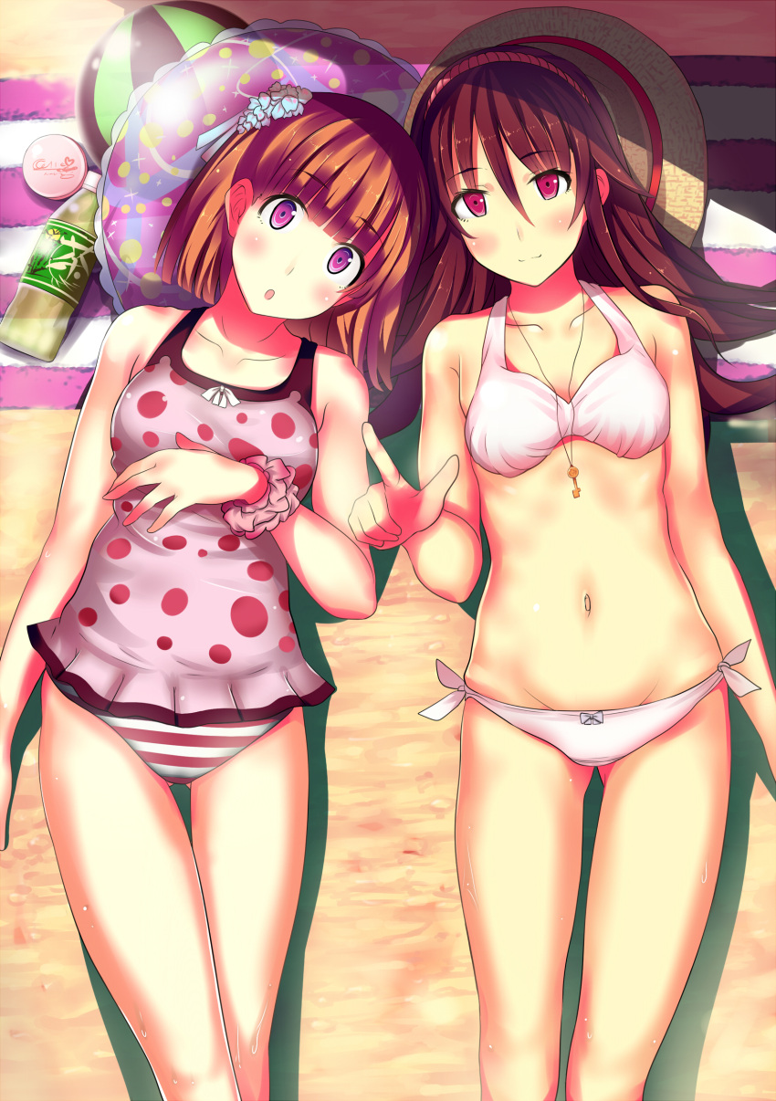 2girls :o absurdres ball beachball bikini blush bottle brown_hair commentary_request flower groin hair_flower hair_ornament hairband highres jewelry kawano_masatoshi long_hair looking_at_viewer multiple_girls navel necklace original purple_eyes red_eyes short_hair swimsuit white_bikini