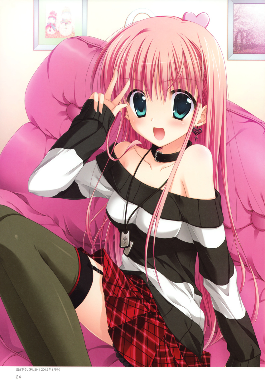 :d absurdres aqua_eyes azuma_yoru black_thighhighs chimaro earrings female garter_straps hatsuyuki_sakura highres jewelry long_sleeves off_shoulder open_mouth pink_hair sitting smile solo striped sweater thighhighs