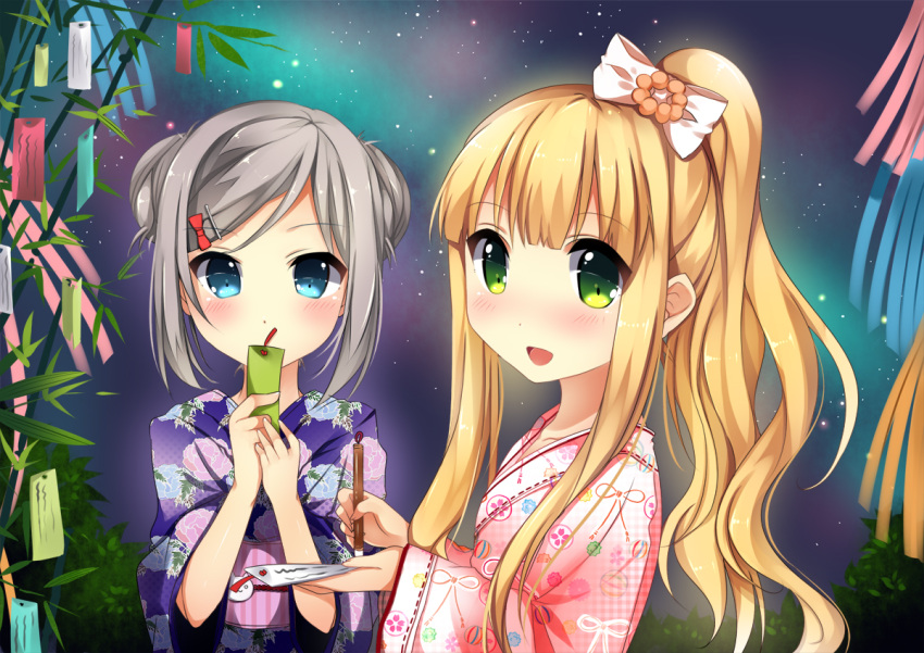 2girls :d bad_id bad_pixiv_id blonde_hair blue_eyes blush calligraphy_brush green_eyes grey_hair holding japanese_clothes kimono long_hair multiple_girls open_mouth original paintbrush photoshop_(medium) side_ponytail smile tanabata tanzaku usagihime