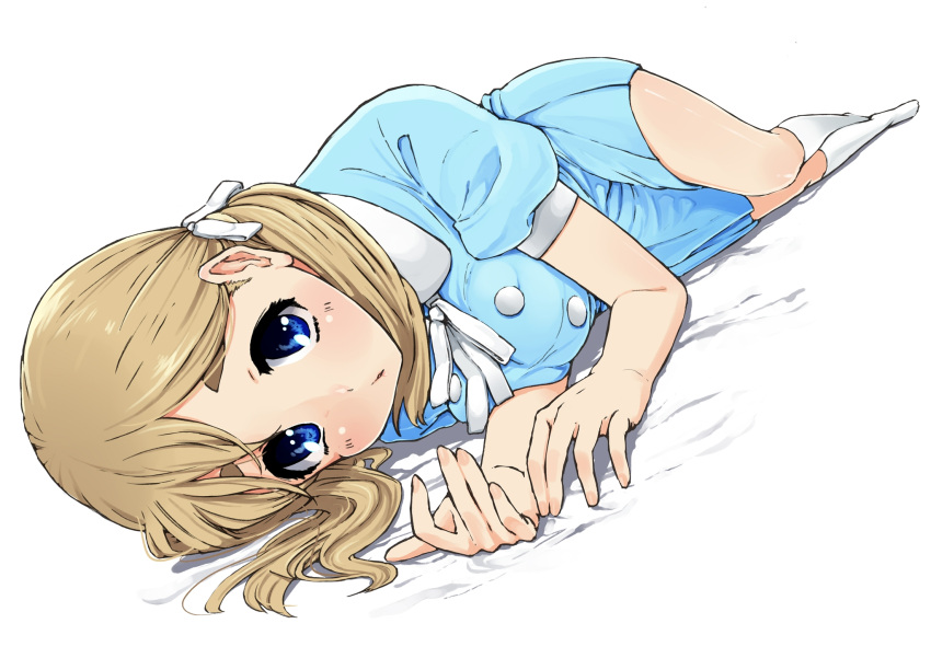 bad_id bad_pixiv_id blonde_hair blue_eyes blush dress female highres k-on! k-on!_movie kotobuki_tsumugi long_hair looking_at_viewer lying omaru_gyuunyuu on_side perspective singing!_(k-on!) skirt socks solo twintails