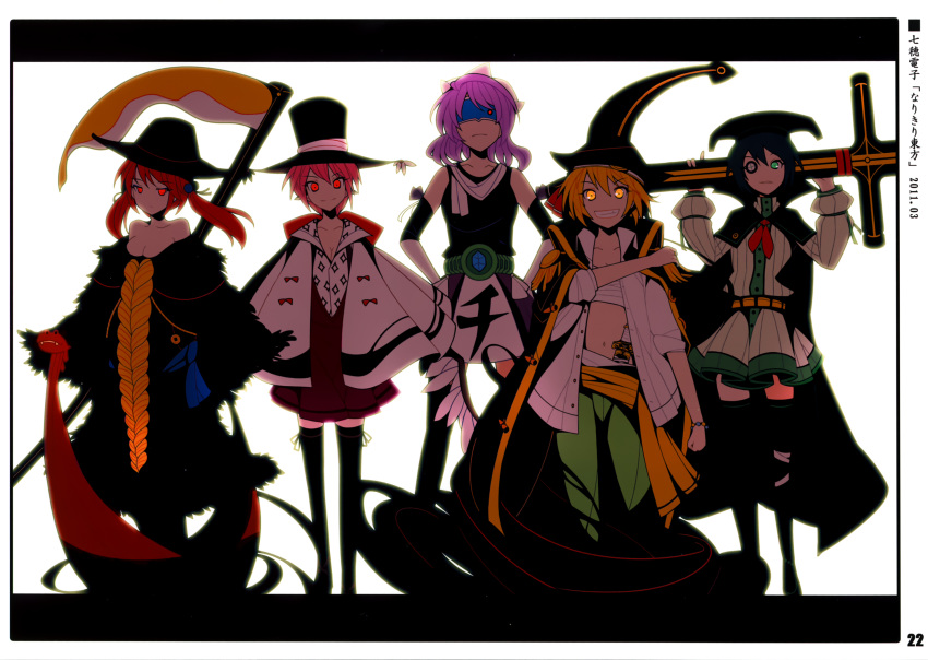 5girls alternate_costume anchor bandages bare_shoulders belt bird_wings black_hair black_legwear blonde_hair bracelet breasts cape cleavage collarbone cosplay doc_q doc_q_(cosplay) eyepatch green_eyes grin hair_bobbles hair_ornament hair_ribbon hat highres ideolo jesus_burgess jesus_burgess_(cosplay) jewelry lafitte lafitte_(cosplay) letty_whiterock long_hair long_sleeves marshall_d._teach marshall_d._teach_(cosplay) mask medium_breasts multiple_girls murasa_minamitsu mystia_lorelei navel off_shoulder one_piece onozuka_komachi pink_hair puffy_sleeves red_eyes red_hair ribbon rumia sarashi scan scythe short_hair sleeveless sleeves_rolled_up smile standing thighhighs touhou twintails van_augur van_augur_(cosplay) weapon white_background wide_sleeves wings yellow_eyes