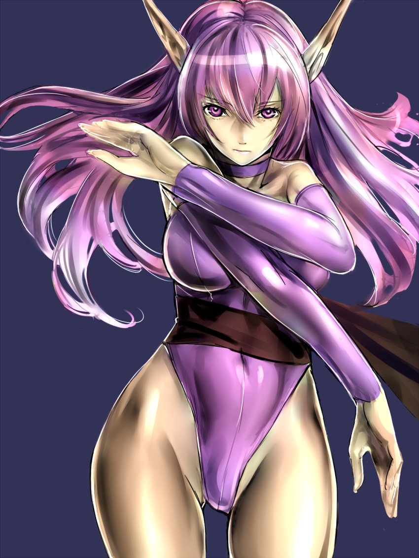 bad_id bad_pixiv_id bare_shoulders breasts detached_sleeves dodai_shouji female groin highleg highleg_leotard highres large_breasts leotard long_hair nei phantasy_star phantasy_star_ii pointy_ears purple_eyes purple_hair purple_leotard solo