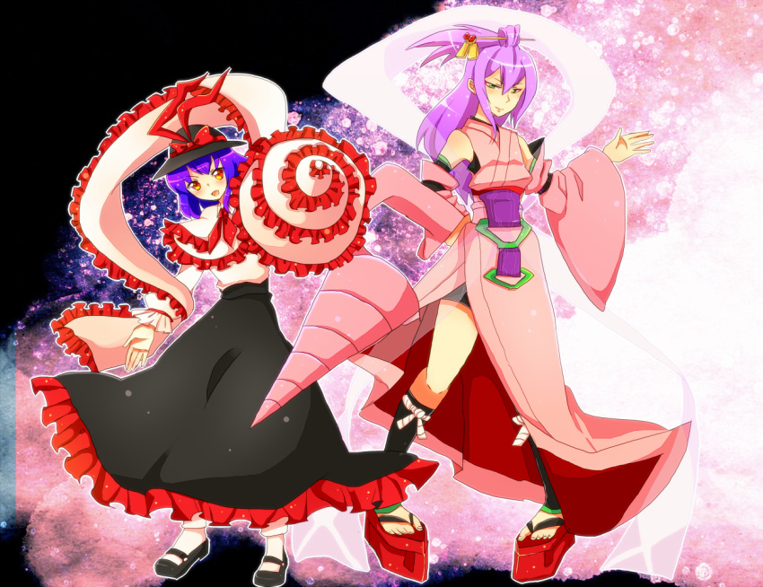 1boy amane_nishiki blazblue commentary_request crossover drill female frills full_body geta half_updo jru_(xx201) long_skirt machinery nagae_iku okobo otoko_no_ko pigeon-toed purple_hair sandals shawl skirt socks standing standing_on_one_leg tabi touhou trait_connection white_legwear