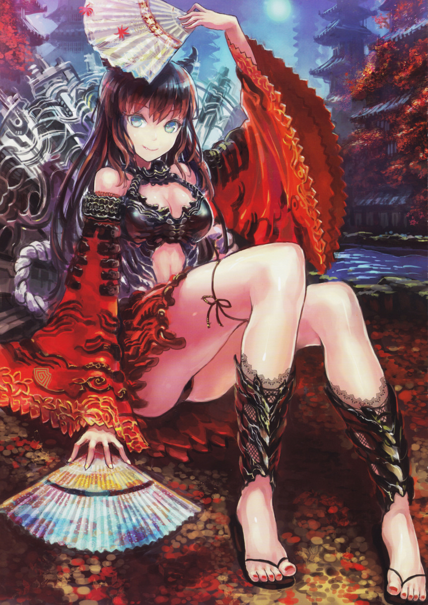 absurdres arm_up bare_shoulders black_hair blue_eyes breasts building cleavage denki detached_sleeves dual_wielding feet female folding_fan hand_fan highres holding horns long_hair looking_at_viewer medium_breasts moon nail_polish oerba_yun_fang original ribbon sandals scan sitting smile solo toenail_polish toenails