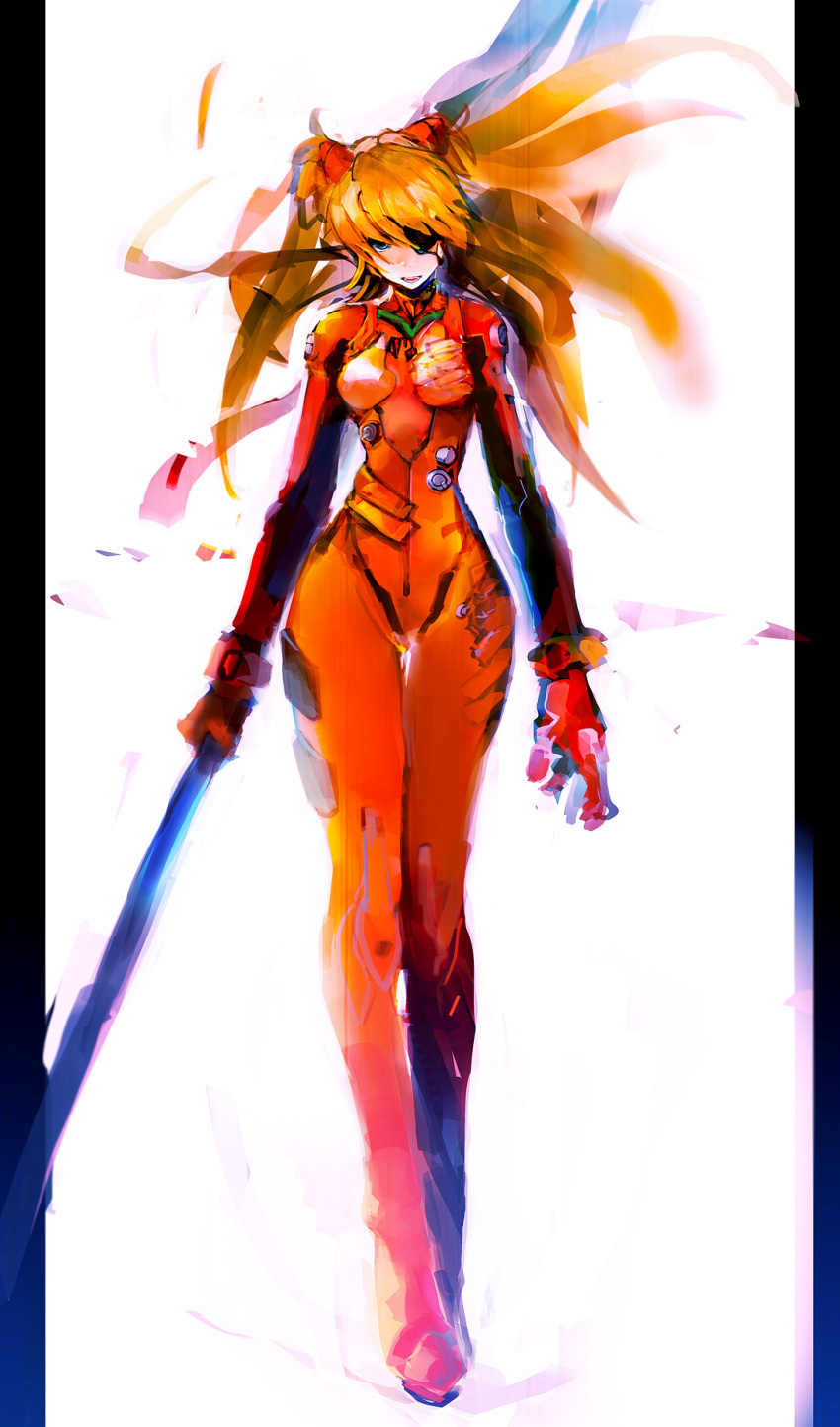 blue_eyes bodysuit bracer breasts commentary evangelion:_3.0_you_can_(not)_redo eyepatch female gloves hair_between_eyes hair_ornament headgear highres holding holding_weapon long_hair long_legs looking_at_viewer narrow_waist neon_genesis_evangelion orange_hair pillarboxed pilot_suit plugsuit polearm rebuild_of_evangelion simple_background small_breasts so-bin solo souryuu_asuka_langley spear spear_of_cassius standing tape thigh_gap turtleneck two_side_up weapon white_background wide_hips